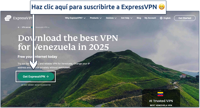Screenshot of ExpressVPN's website Venezuela landing page with the Get ExpressVPN button in focus