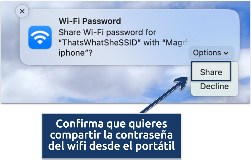 A pop up message asking to share WiFi password from MacBook
