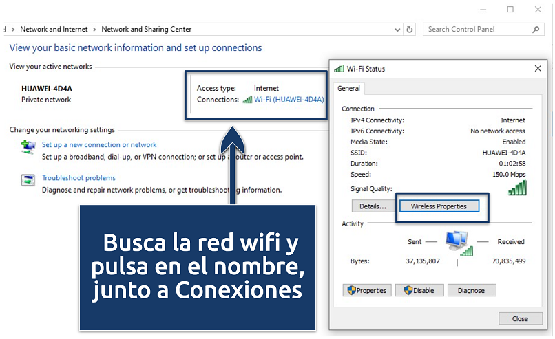 A screenshot of Windows 10 Network and Sharing Center menu
