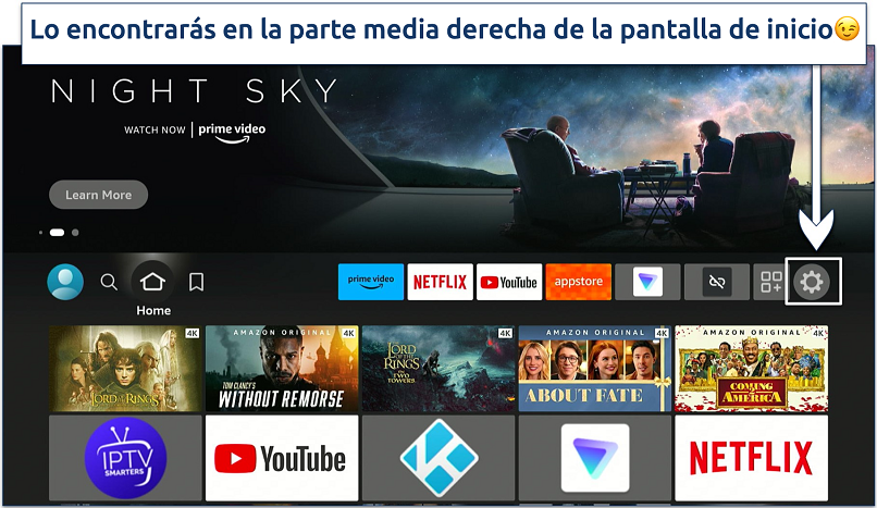 Screenshot showing how to access settings on Firestick