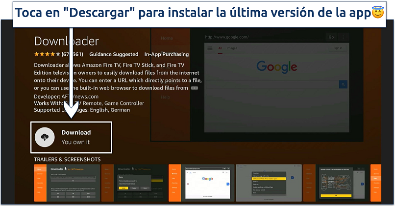 Screenshot showing how to install the Downloader app