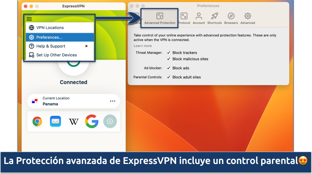 Screenshot of the Advanced Protection settings in the ExpressVPN app