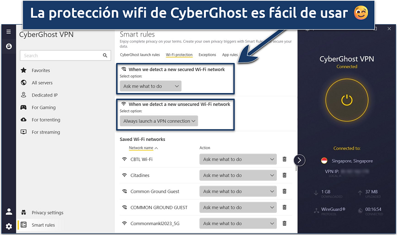 Captura de pantalla de la aplicación de CyberGhost para Windows con sus ajustes de Protección WiFi
