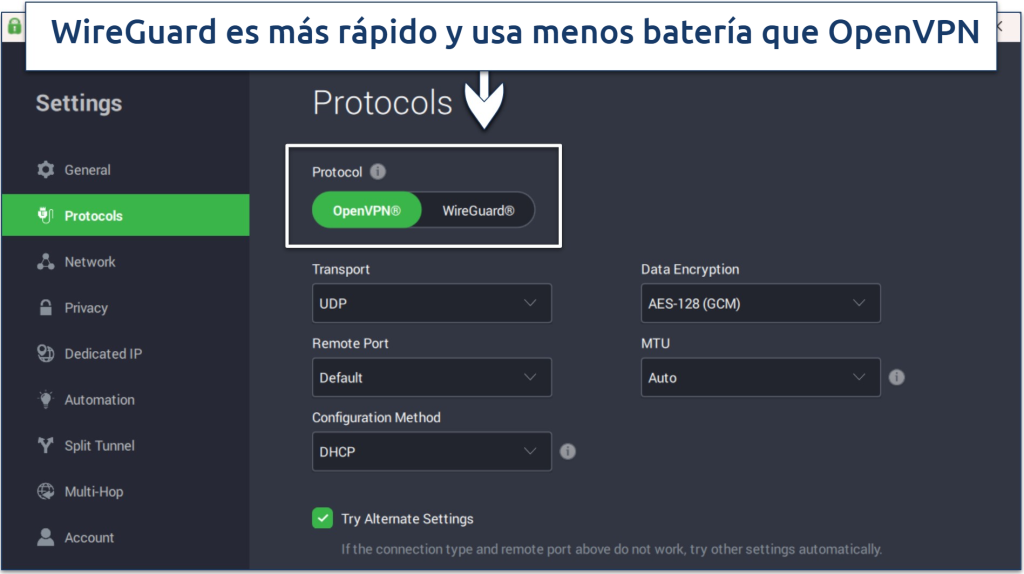 Captura de pantalla de la aplicación de PIA para Windows con su página de configuración de protocolos