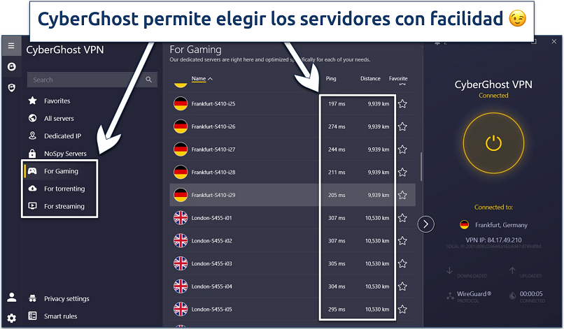 Captura de pantalla de la aplicación de Windows de CyberGhost que muestra la selección de servidores