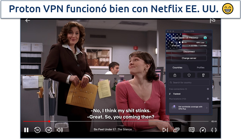 Captura de pantalla de Six Feet Under reproduciéndose en Netflix EE. UU. con Proton VPN conectada
