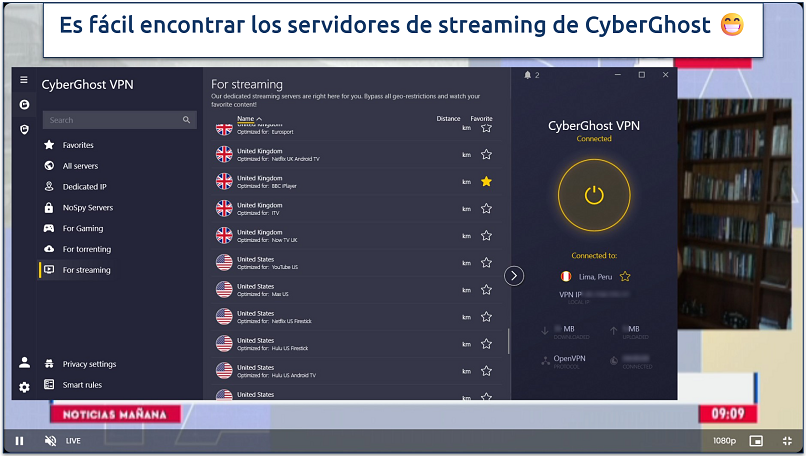 Captura de pantalla de la interfaz de Windows de CyberGhost con su lista de servidores de streaming