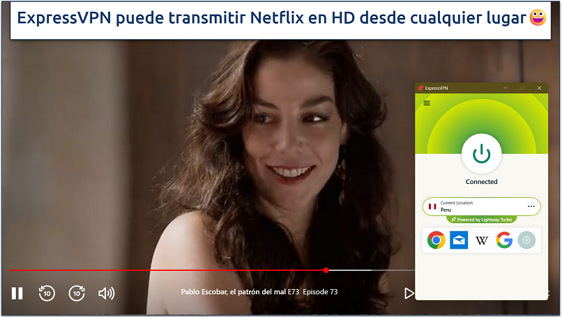 Captura de pantalla de un episodio de 'Pablo Escobar' en Netflix con ExpressVPN conectado a Perú