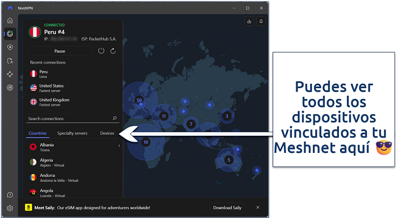 Captura de pantalla de la interfaz de Windows de NordVPN conectada a Perú