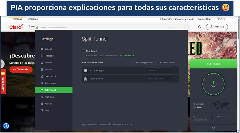 Captura de pantalla de la interfaz de Windows de PIA con opciones de túnel dividido