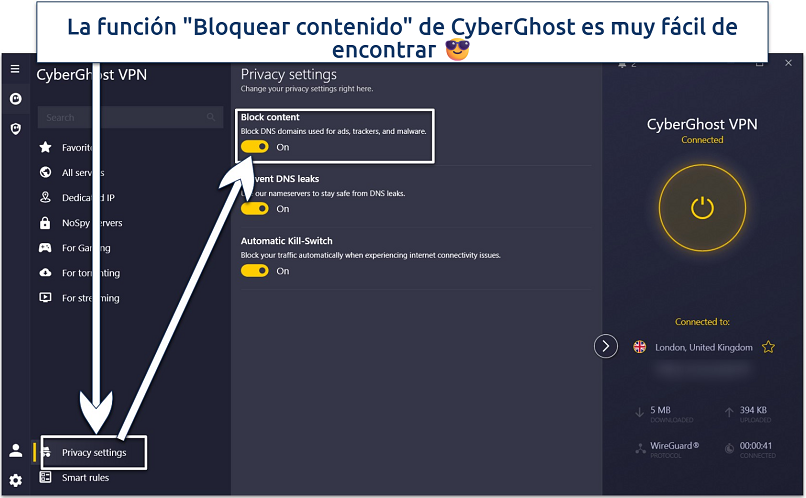 Imagen que muestra la configuración de privacidad de CyberGhost con la función Bloquear contenido resaltada en la configuración de privacidad