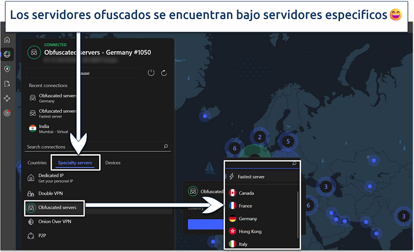 Imagen que muestra los servidores ofuscados resaltados en la interfaz principal de la aplicación NordVPN