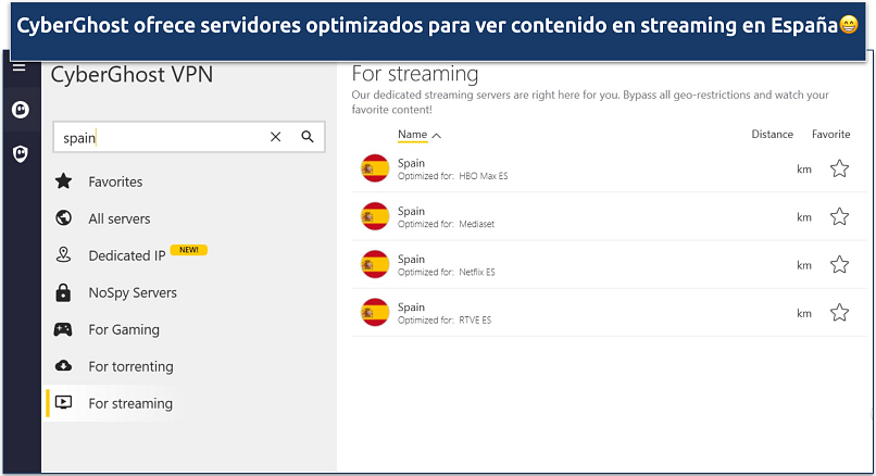 Aplicación de CyberGhost VPN mostrando servidores de streaming optimizados para plataformas españolas