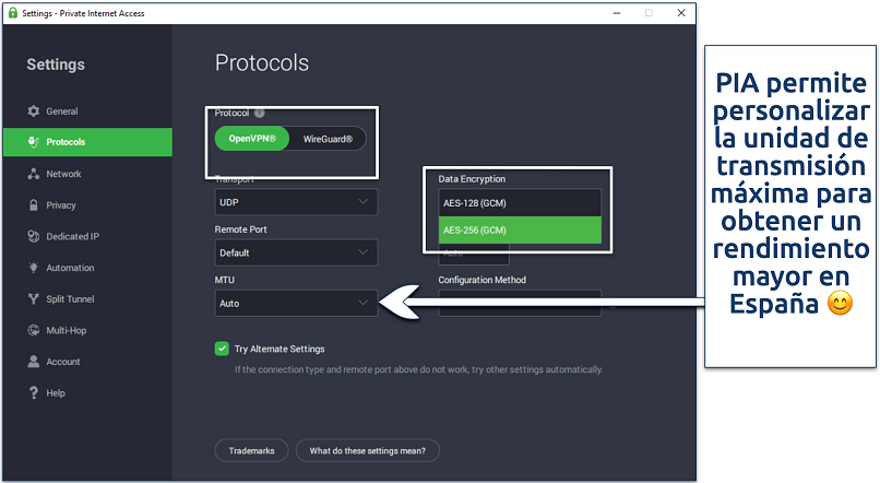Ventana de configuración de Private Internet Access mostrando la selección de protocolo, opciones de cifrado y configuración MTU