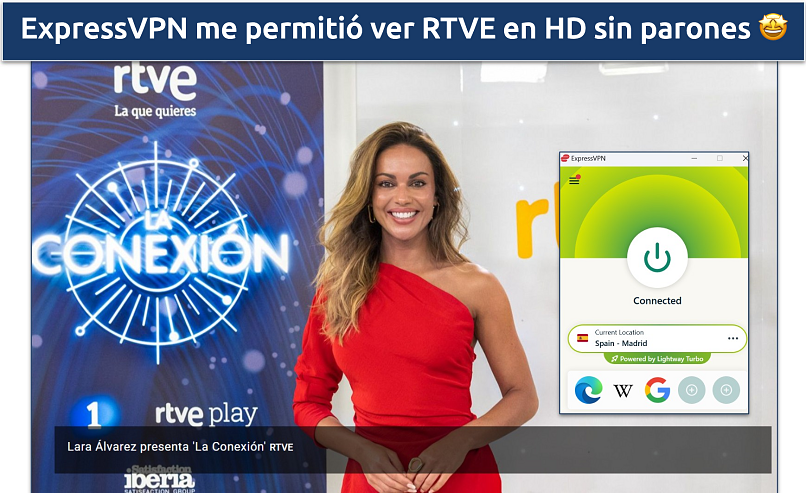 Una captura de pantalla de RTVE transmitiendo con ExpressVPN conectado a un servidor de Madrid