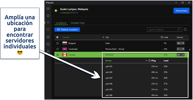 Screenshot of the IPVanish Windows app with an active connection and showing its individual servers under a single location