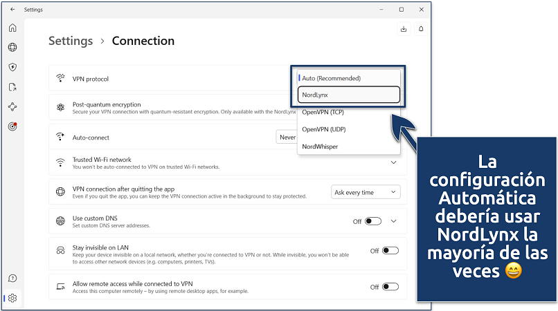 Screenshot of the NordVPN Windows app with its Connection Settings page and VPN protocol selection