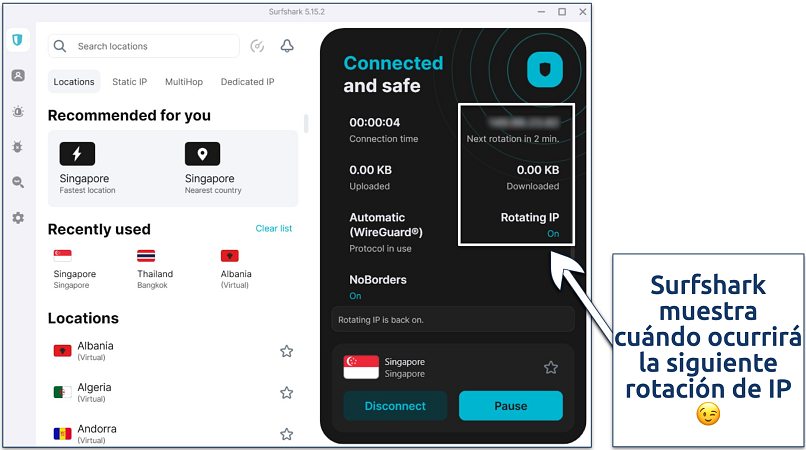 Screenshot of the Surfshark Windows app with an active connection using the Rotating IP feature