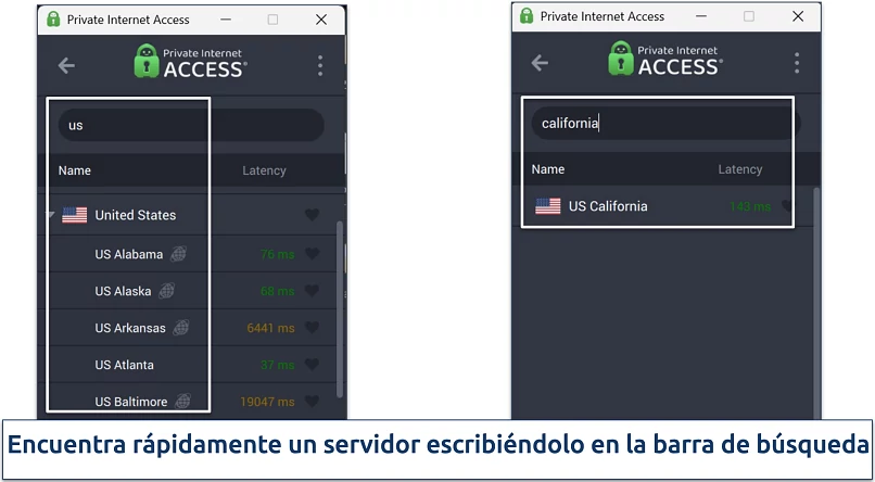 Screenshot of Private Internet Access' Windows app highlighting how to use the server search bar