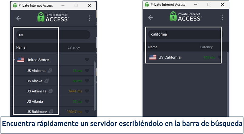Screenshot of Private Internet Access' Windows app highlighting how to use the server search bar