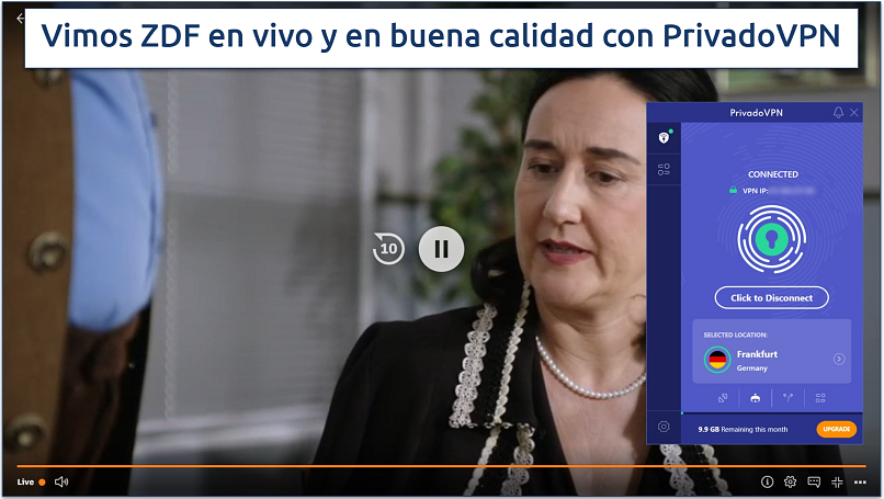 Streaming ZDF TV live with PrivadoVPN connected to Germany