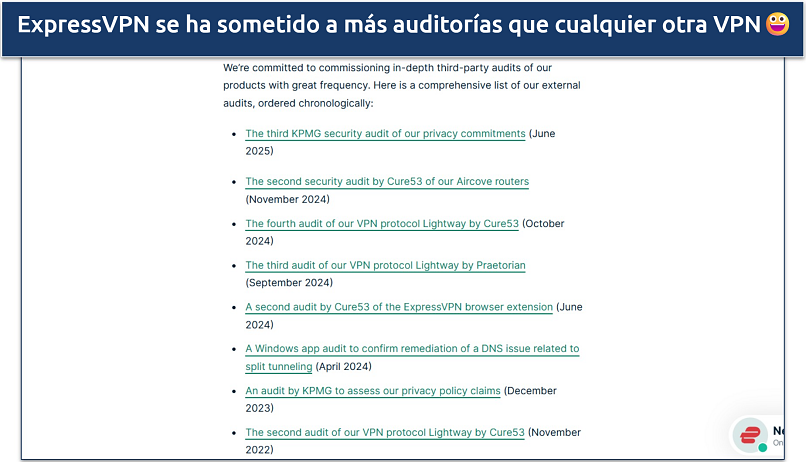 Screenshot of ExpressVPN's website showing its independent audits list