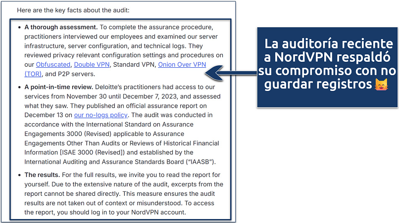 Screenshot of NordVPN's statement about its attest audit