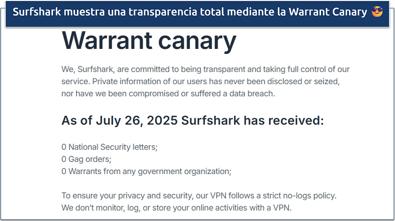 Imagen de la Warrant Canary de Surfshark
