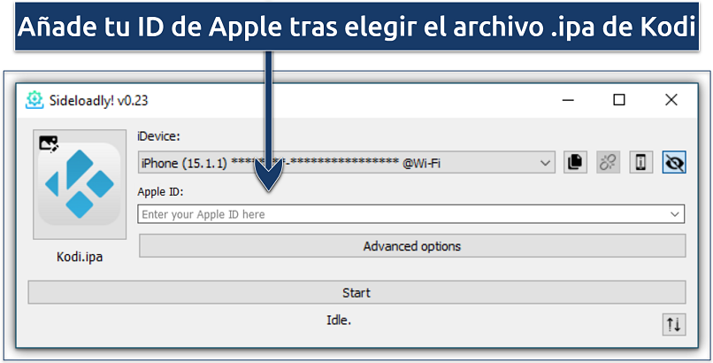 Image showing the interface of the Sideloadly Windows app with Kodi IPA uploaded