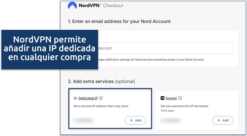 Screenshot of NordVPN's check out screen highlighting where you can add dedicated IPs