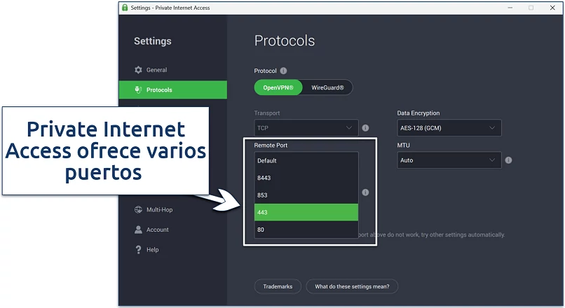 Screenshot of Private Internet Access' Windows app highlighting where to change ports