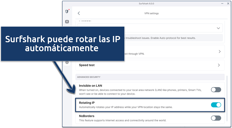 Screenshot of Surfshark's Windows app highlighting where to activate the Rotating IP feature