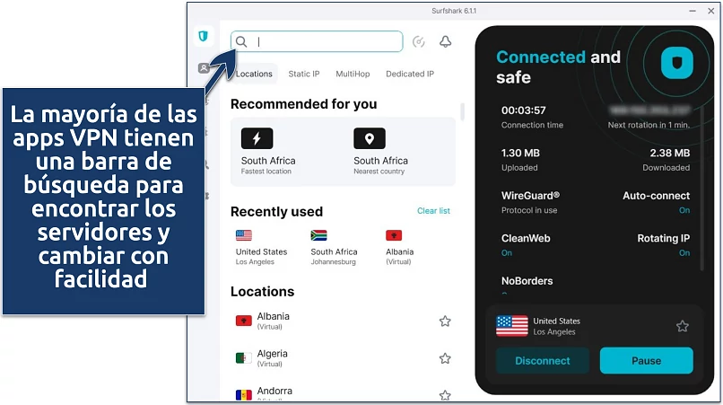 Screenshot of Surfshark’s Windows app interface with its server selection menu and connection status panel