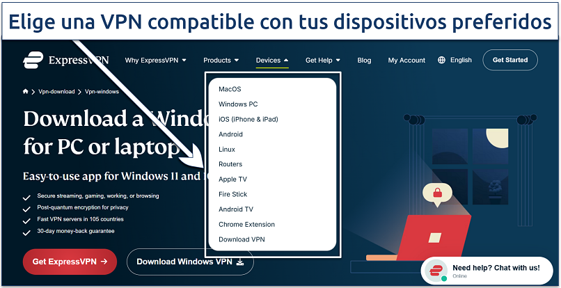 Screenshot showing the download page on the ExpressVPN website