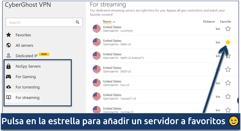 Screenshot of CyberGhost's list of specialized servers