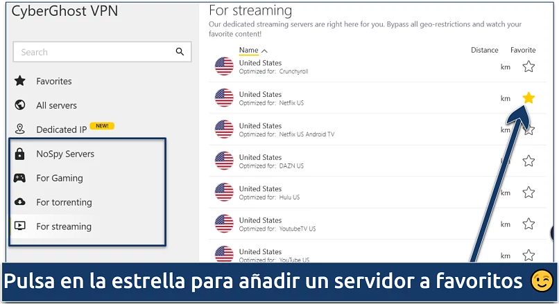 Screenshot of CyberGhost's list of specialized servers