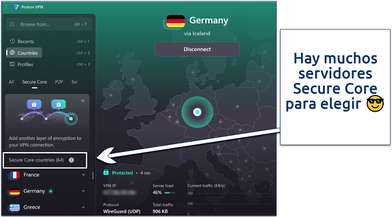 Screenshot of Proton VPN Windows app dashboard showing Secure Core servers