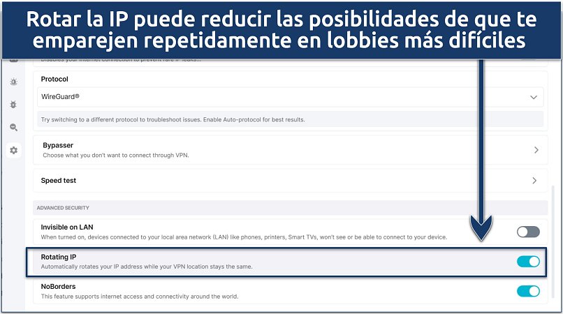 Screenshot of Surfshark's settings menu highlighting the IP rotation feature