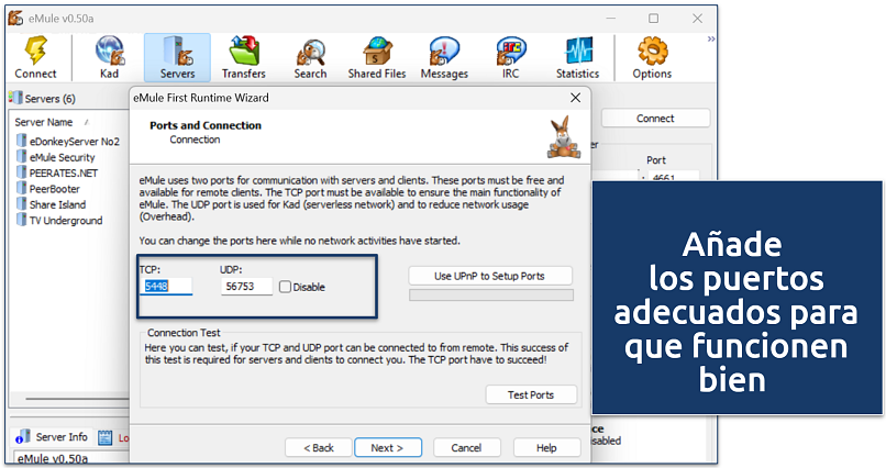 Screenshot of eMule First Runtime Wizard showing TCP and UDP port configuration options