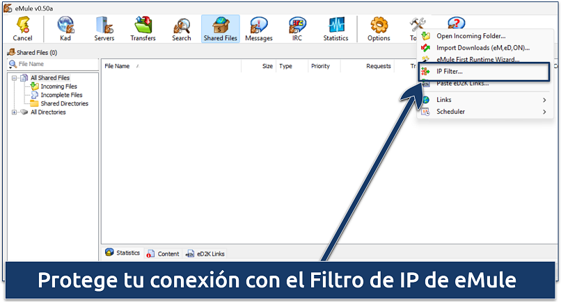 Screenshot of eMule interface highlighting the IP Filter option in the Tools menu