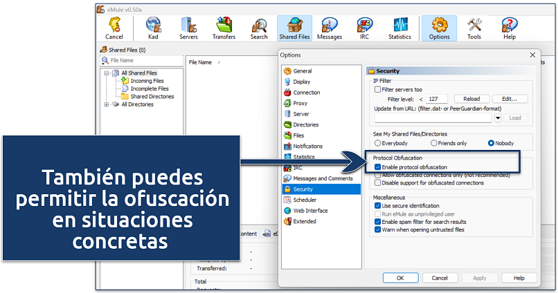 Screenshot of eMule security settings highlighting the protocol obfuscation option