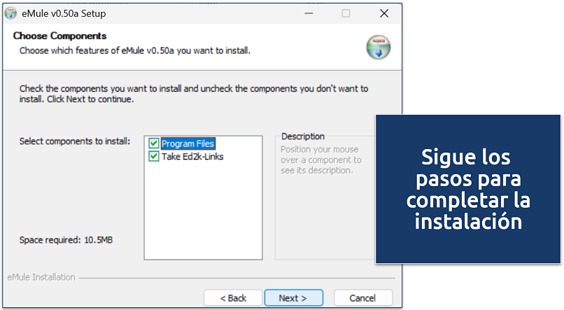 Screenshot of eMule setup wizard showing component selection options (Program Files and Ed2k Links)