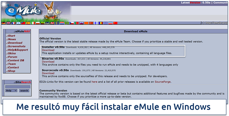 Screenshot of the official eMule download page highlighting the installer version