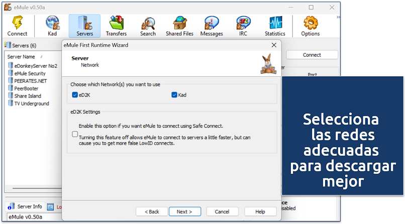 Screenshot of eMule First Runtime Wizard showing eD2K and Kad network selection options