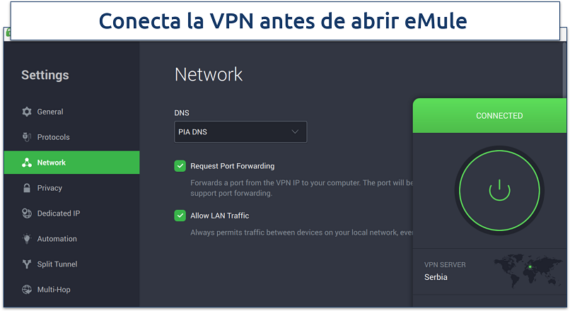 Screenshot of PIA showing network settings with port forwarding enabled and VPN connection active to a server in Serbia
