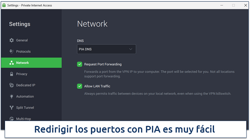 Screenshot of PIA network settings showing DNS, request port forwarding, and allow LAN traffic options