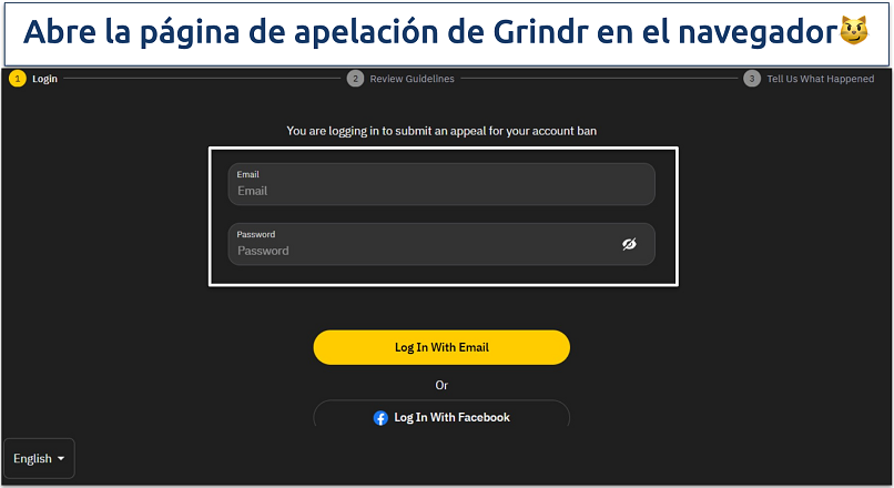 An image of the Grindr appeal page sign in