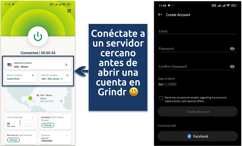An image of connected VPN and Grindr app sign up page
